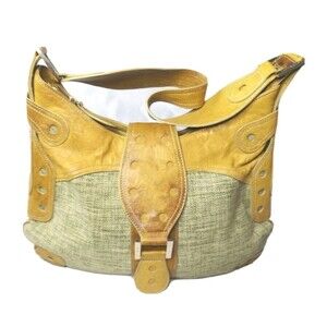 Vintage David & Scotti Hobo Shoulder Bag Jute & Leather Green & Tan Purse